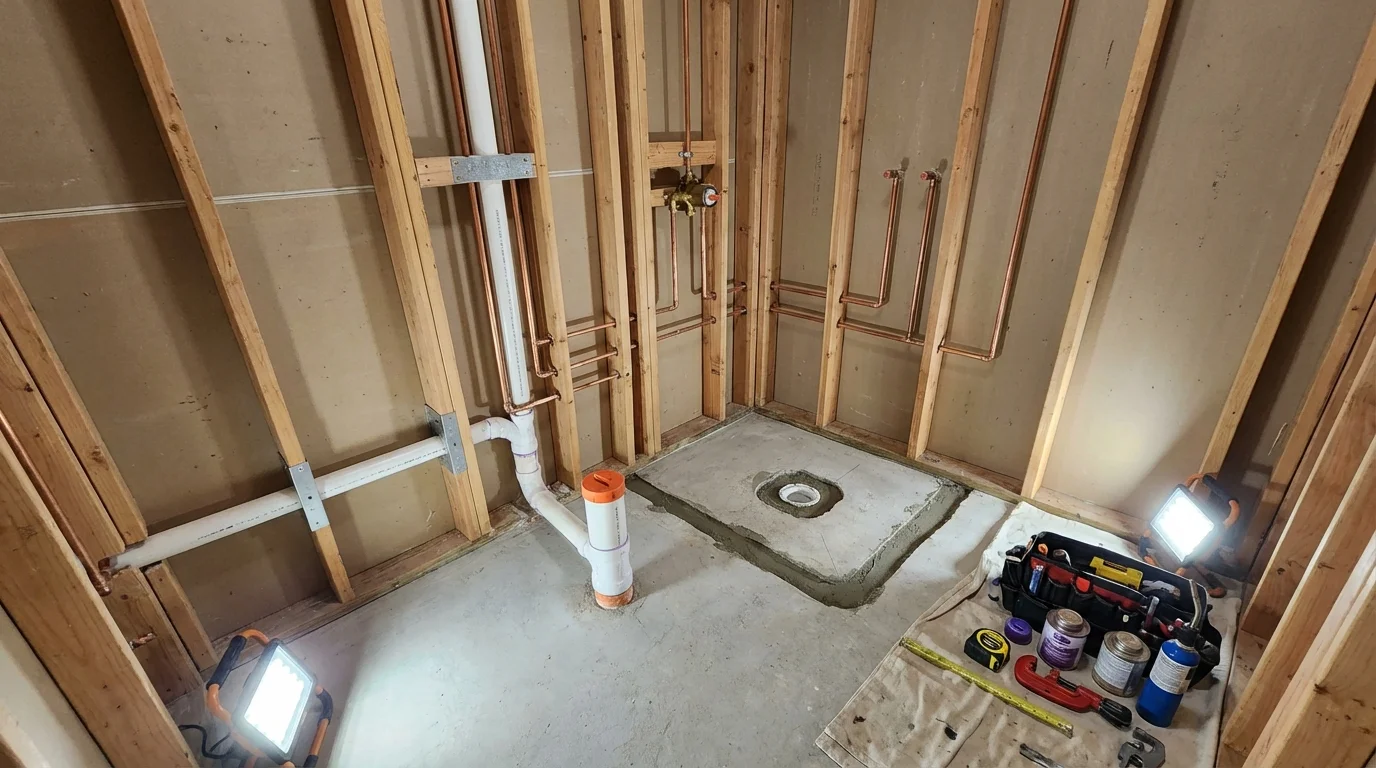 Bathroom rough-in plumbing during remodel by Johns Plumbing LLC in Delta