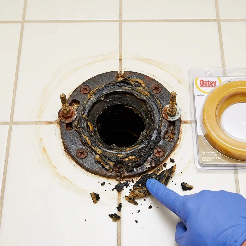 Failed wax ring showing water seepage at the base of a toilet in a Delta, OH home
